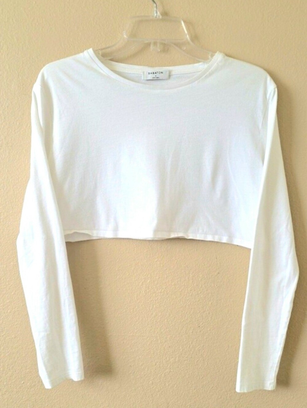 Babaton Aritzia White Cropped Crew Neck Cotton Long Sleeve Top - Size Small